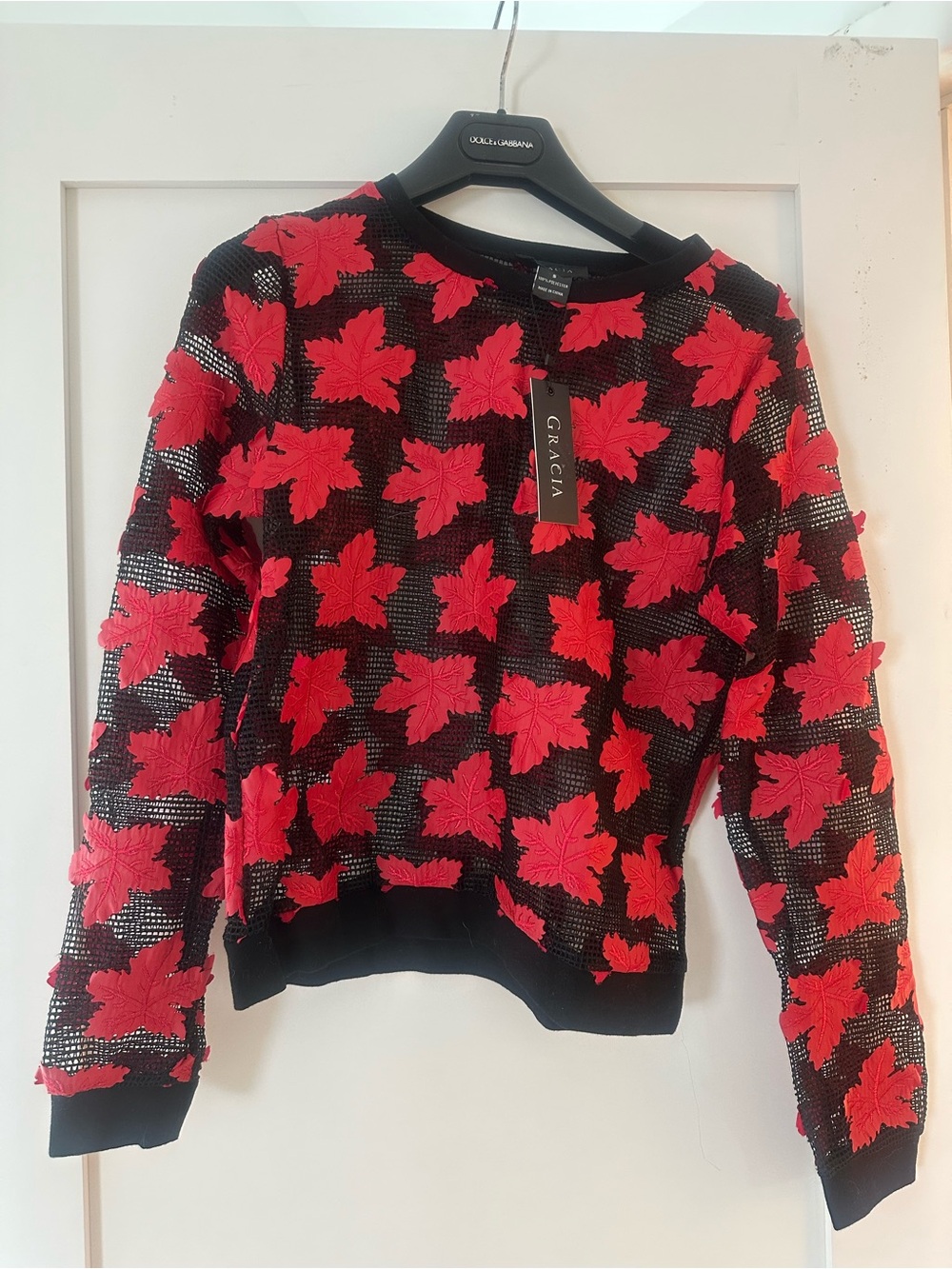 Gracia Black Crewneck Sweater with Red Leaf Appliqués